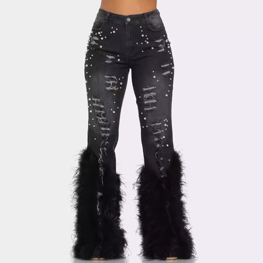 Artificial Wool Ripped Beaded Stretch Jeans